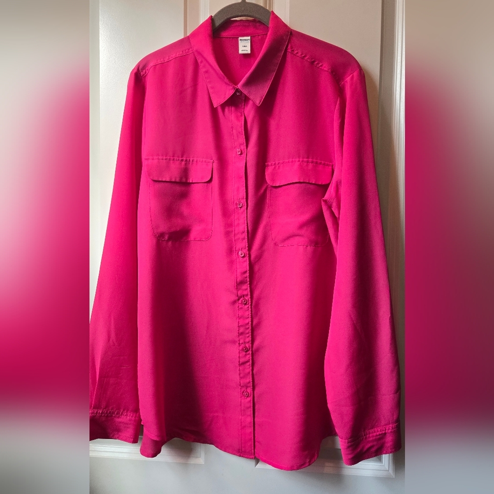 Old Navy Vibrant Pink Lightweight Button Up Lng Slv Blouse EUC